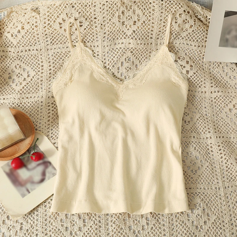 

Summer Women Undershirt Solid Color V-neck Lace Splicing Slim Tops Sleeveless Sexy Crop Top with Chest Pad Camisole