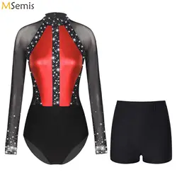 Women Shiny Rhinestone Gymnatics Leotards Ballet Dance Leotards Bodysuit with Shorts Set Figure Skating Jersey Unitard Dancewear