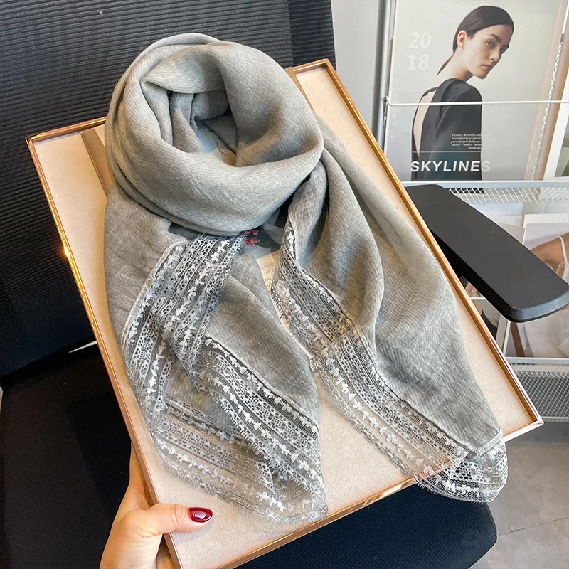 

Linen Color Lace Cotton Linen Thin Scarf, Women's Summer Shawl, Spring Autumn Fashion Luxury Silk Scarf