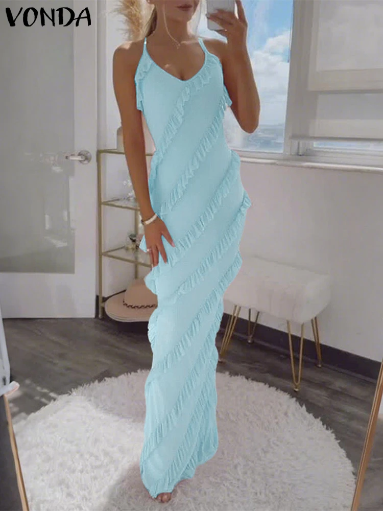 2025 Abito estivo Donna Sexy scollo a V senza maniche Party Vestito estivo Moda cinturino in tinta unita Abiti da sera Casual Robe Femme VONDA