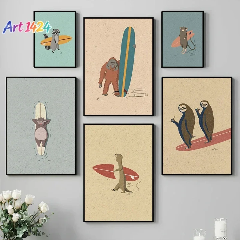 1pc frameless Canvas Painting Vintage Cartoon Surfing Animals Canvas Painting Posters Prints Surfing Sloth Frog Racoon Skateb