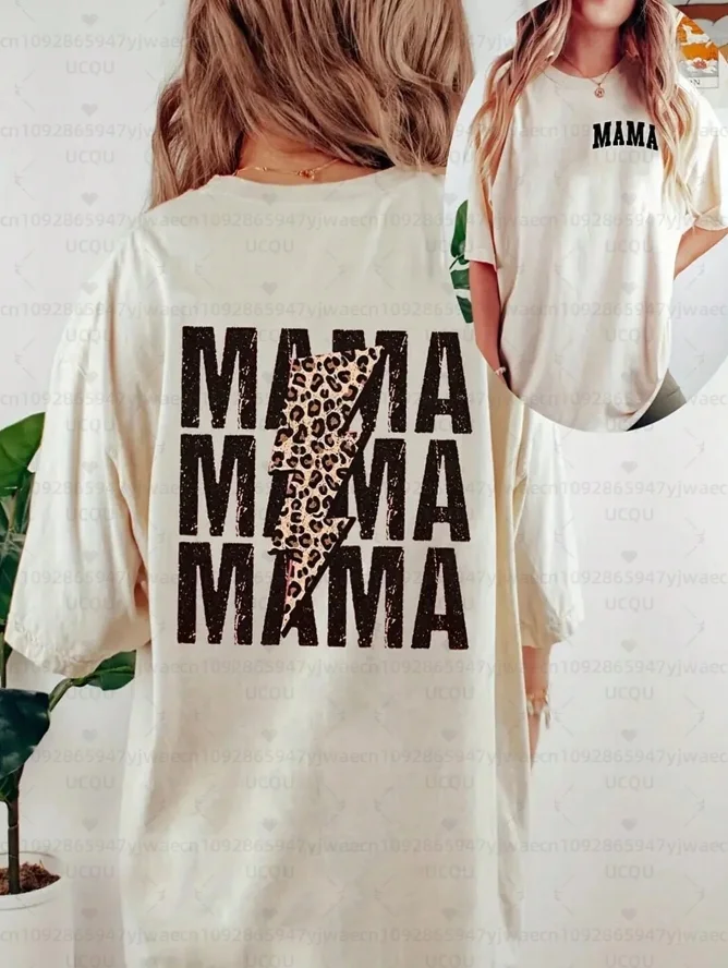 Camiseta informal corta Skeeve para mujer con estampado de letras y relámpago MAMA MAMA Camisetas con estampado gráfico de guepardo Tops para mujer