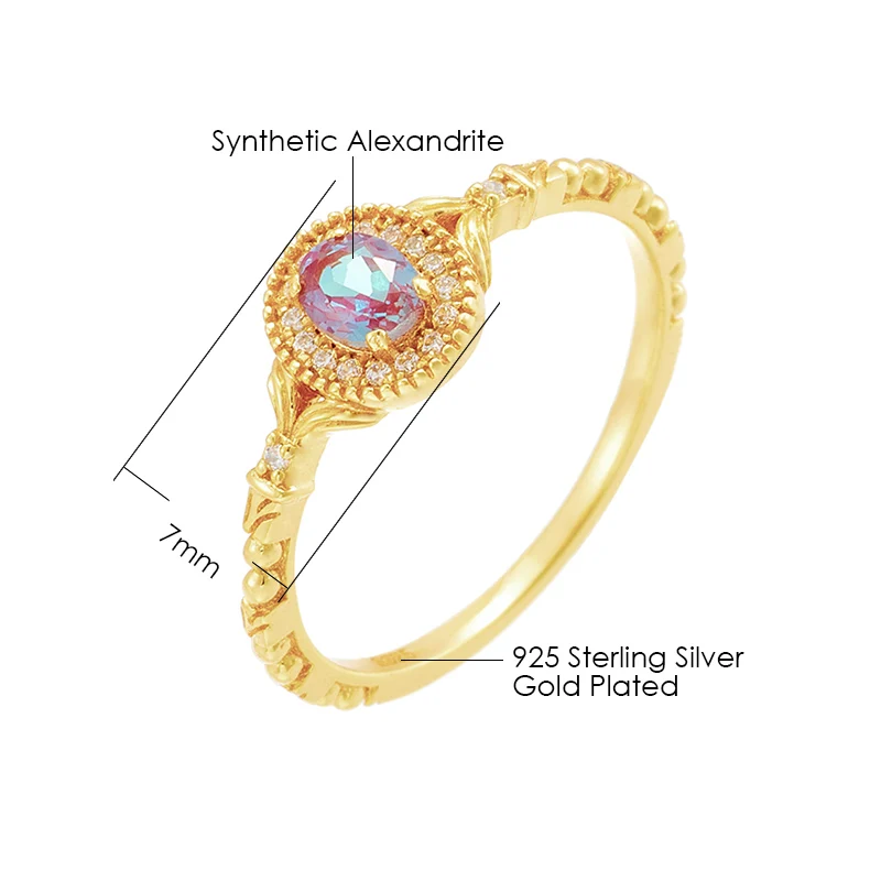 LAMOON Vintage Bijou Alexandrite Ring For Women 925 Sterling Silver Thin Change Color Ring Gold Plated Fine Jewelry Accessories
