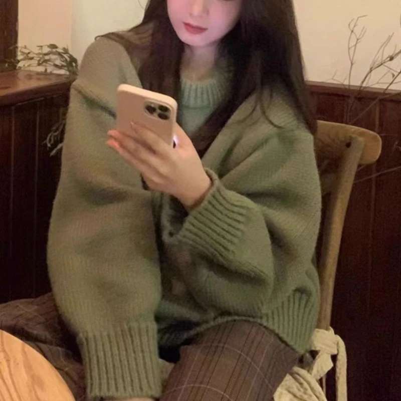 Autumn Green Pullover Women Vintage Soft Gentle Loose Streetwear Temper Knitted Chic O-neck Design Ulzzang Daily Sweater Classic