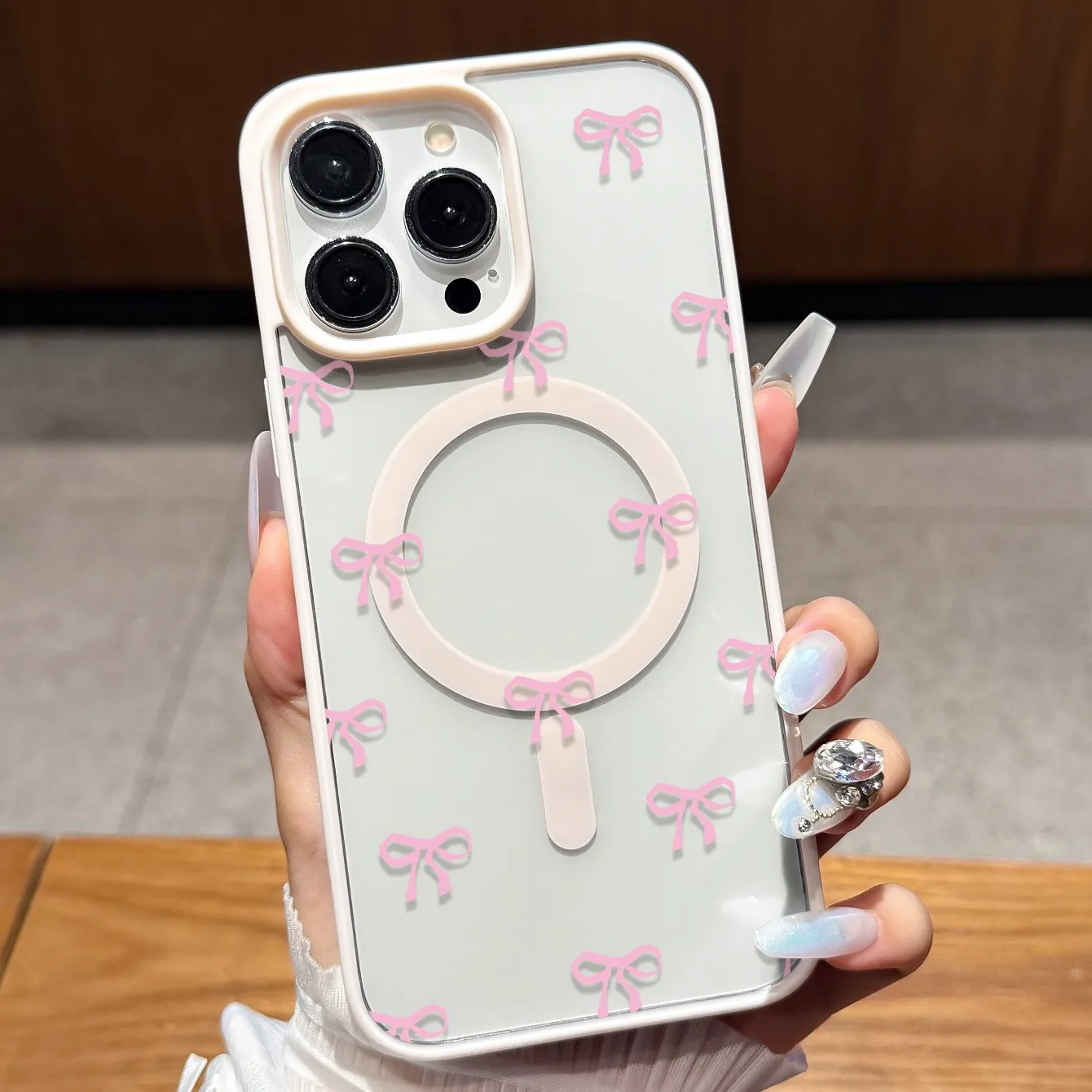 

Magnetic Phone Case for iPhone 11 12 13 14 15 16 17 Pro Max 16 Plus Air 16E with a Cute Pink Bow Pattern For Magsafe Clear Cover