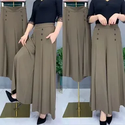 Women's Wide Leg Pants 2023 Spring Summer Elastic Waist Button Ankle-Length Casual Pants Fashion Loose Vintage Ladies Trousers