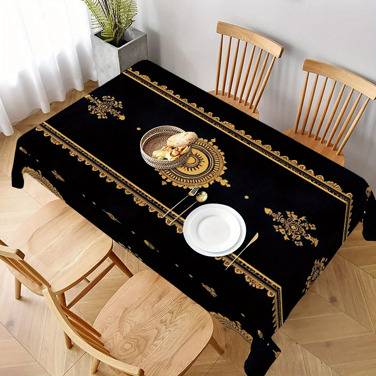 Elegant Black Gold Damask Tablecloth Waterproof Dining Table Runner for Home Decor Centerpiece