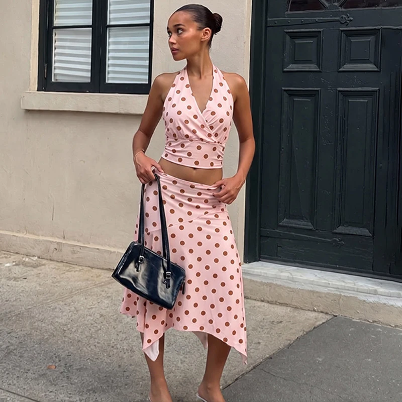

Tornova Fashion Printed Polka Dots Women's Suit Halter Sleeveless Sexy Vest Irregular Long Skirt Summer Lady Party Dress Sets
