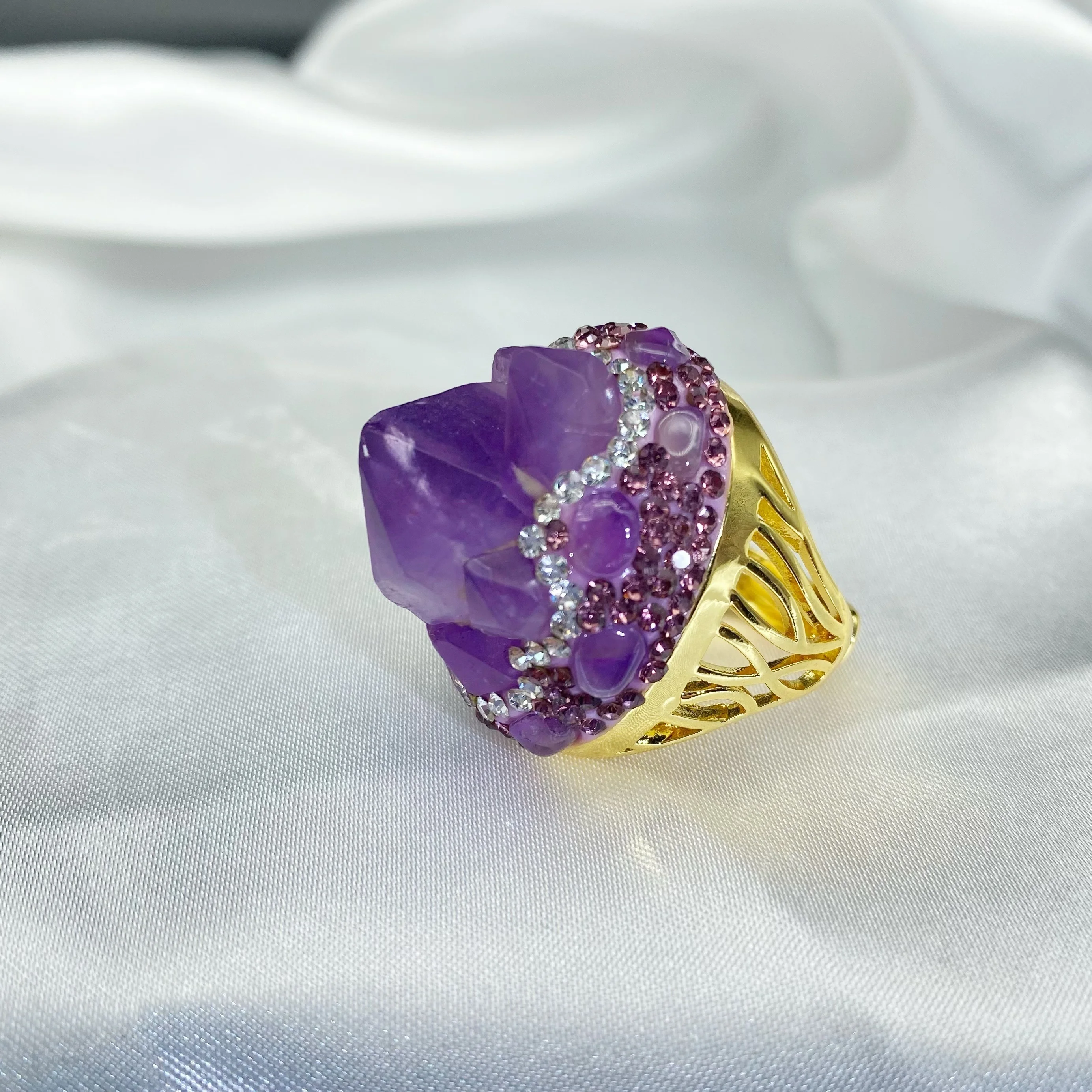 YEEVAA 1pc Inlaid Amethyst Crystal Gemstone Ring, Fashion Versatile Purple Ring