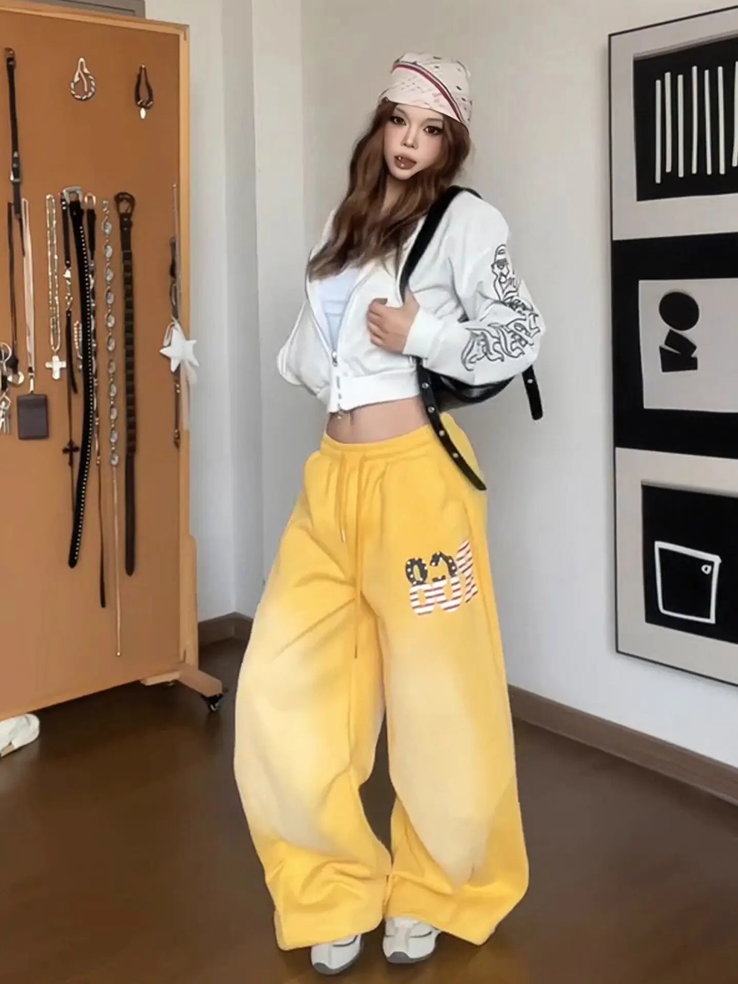 Retro American Spicy Girl Casual Pants Women's Spring New Style Distressed Straight Loose Wide Leg Jazz Dance Sports Pants Tr...