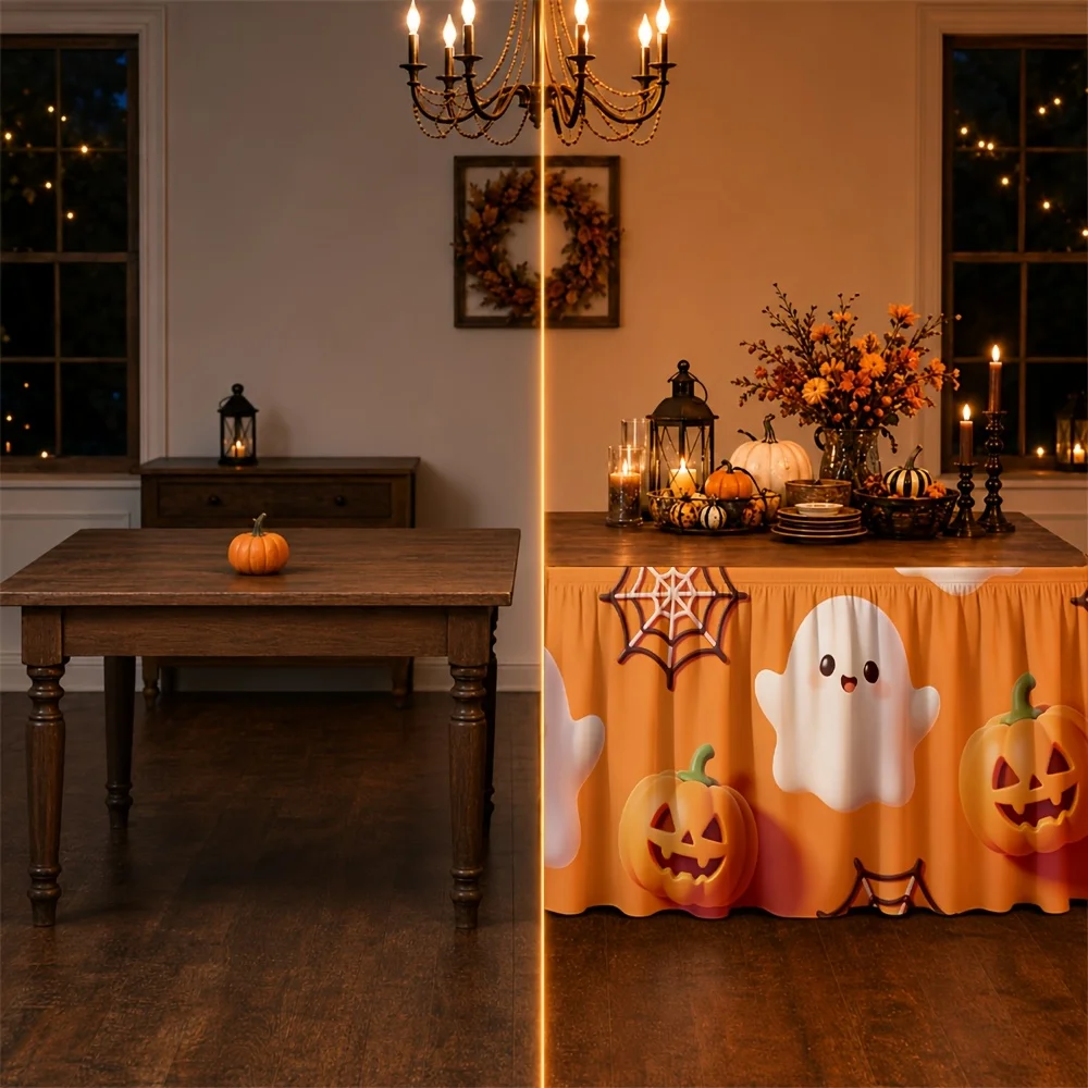 /tableskirt Halloween themed ghost and pumpkin pattern festive autumn lebration spooky party tablecovzyc