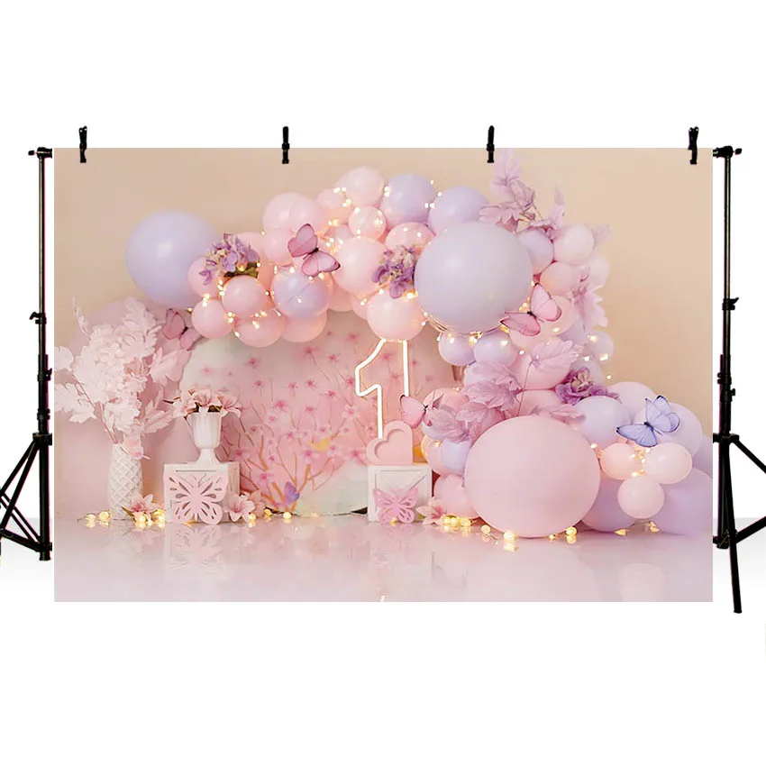 Mehofond Photography Background Pink Flowers Balloons Butterfly Girls 1st Birthday Party Cake Smash Decor Backdrop Photo Studio