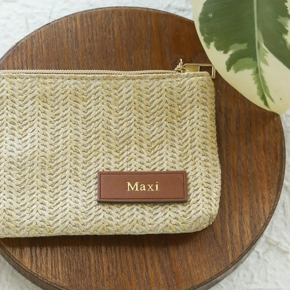 Custom Embossed Name Leather Label Straw Wristlet Clutch Bag Handmade Woven Raffia Cosmetic Makeup Pouch Beach Travel Storage view 6