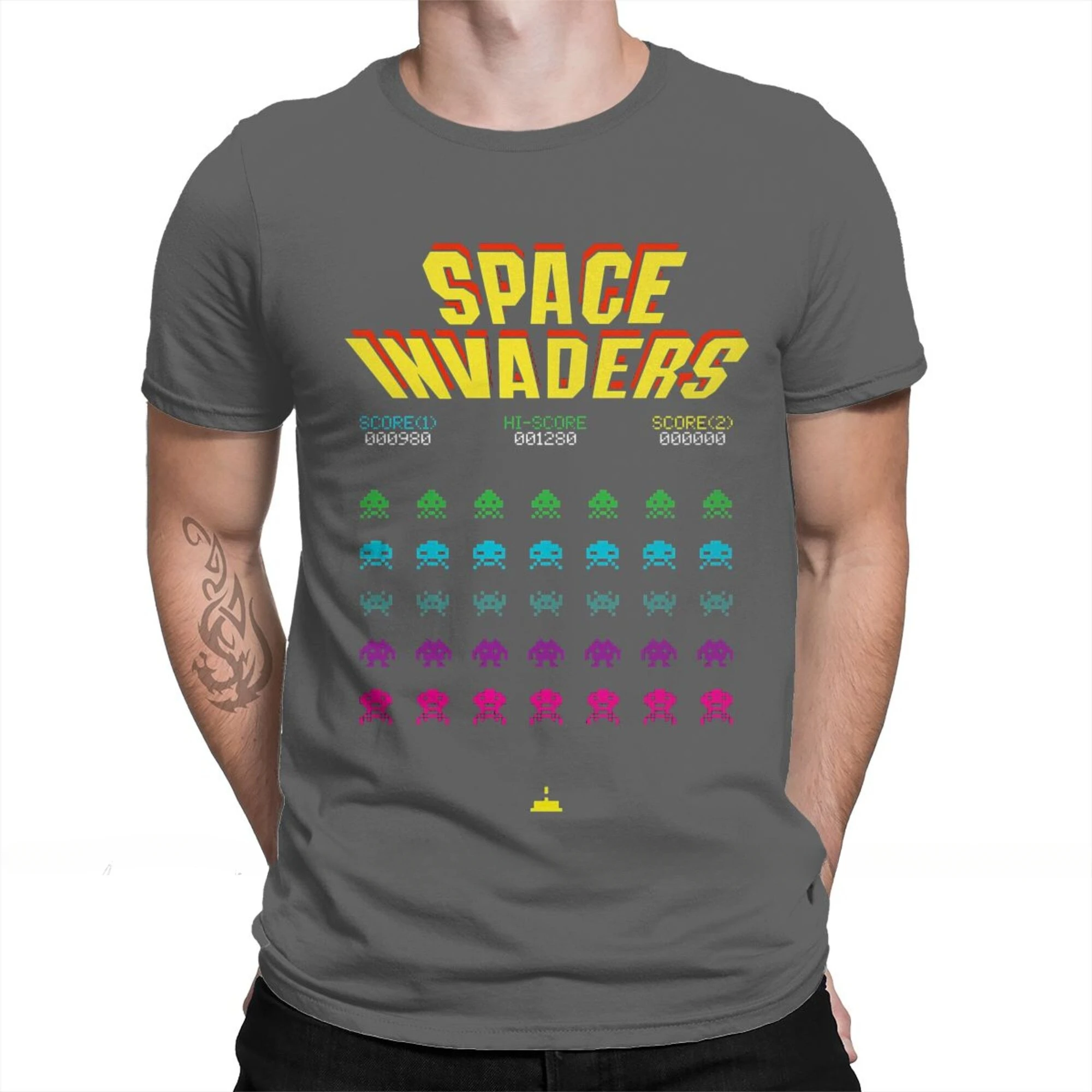 Men 100% Cotton Short Summer Sleeve Casual Plus Size Shirt Adults 70s 80s Arcade Game Space Invaders T-Shirt oversized harajuku