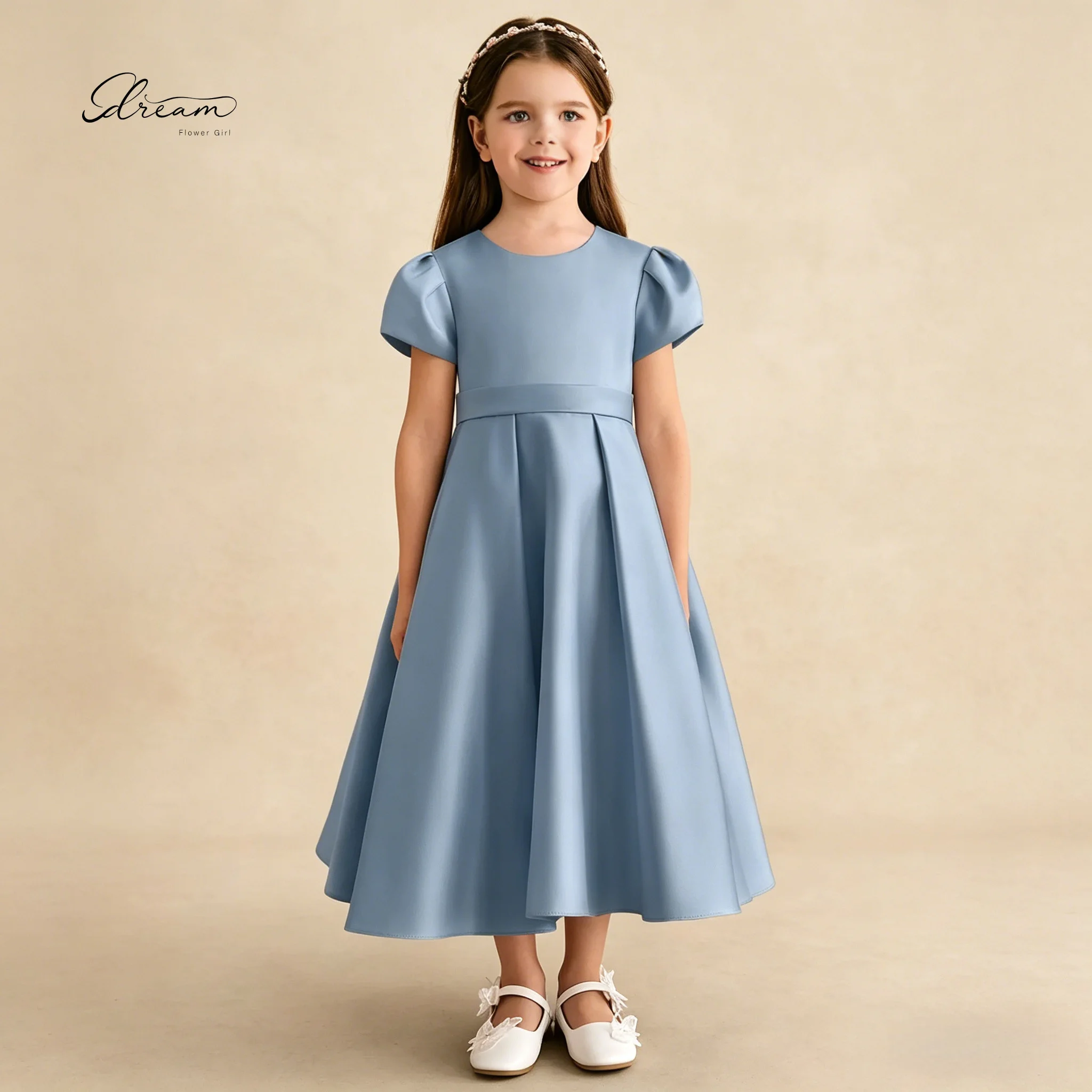 

Dusty Blue Satin Flower Girl Dress Puff Sleeves Ankle Length Kids Wedding Formal Brithday Gown Bow A-line Pleats