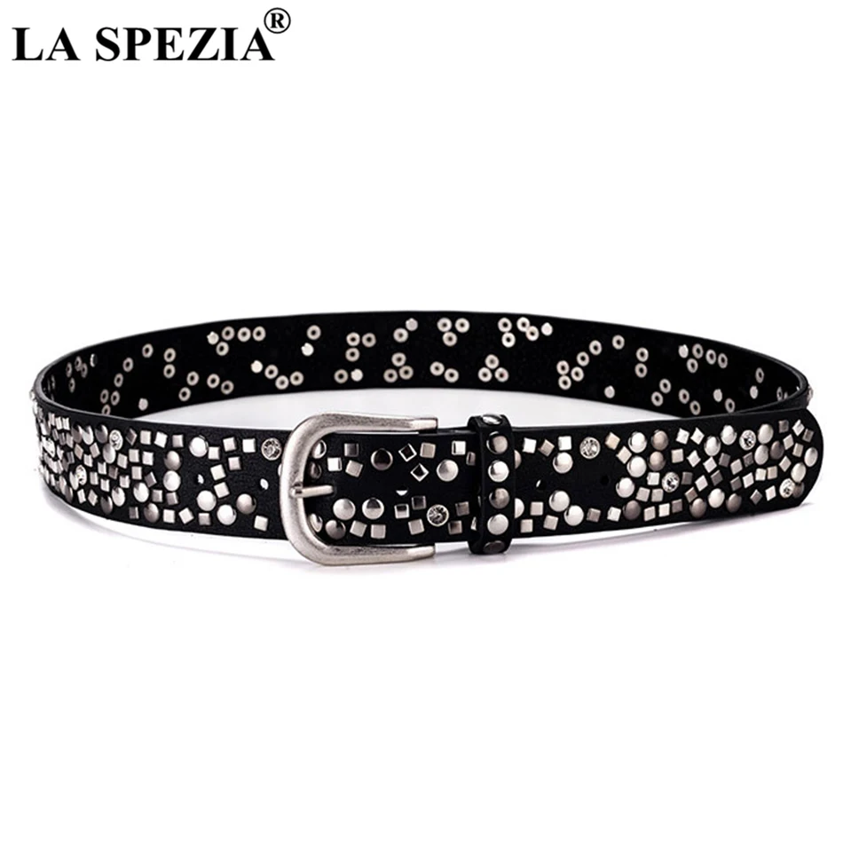 LA SPEZIA Women Belt Rivet Genuine Leather Belt For Jeans Ladies Black Cowskin Brand Female Rock Pin Buckle Belts 110cm