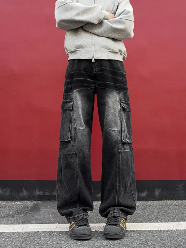 

Waed Blue Lightning Pattern Men's Jeans Retro American Sle A-Line Wide Leg Workwear Pants Bamboo Fiber Polyester Cotton B...