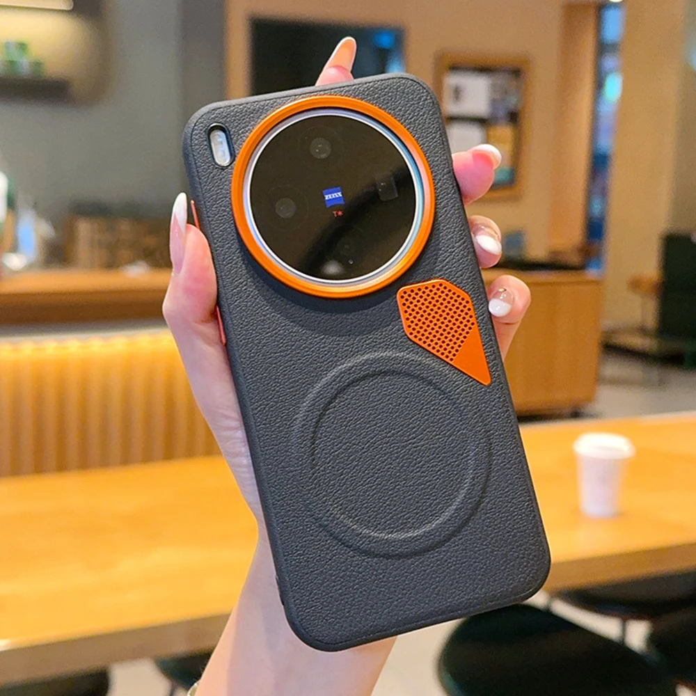

For Vivo X300/X300s/X300 Pro/X300 Ultra Metal Camera Lens Ring TPU Bumper Leather Back Magnetic Corners Shockproof Case
