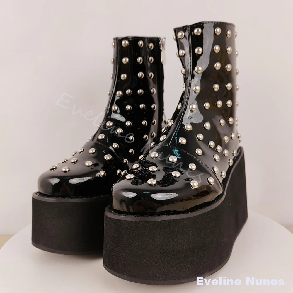 Men Black Patent Leather Studded Platform Ankle Boots Gothic Punk Rivet Thick Wedges Side Zipper Short Boots Y2K Fashion Shoes