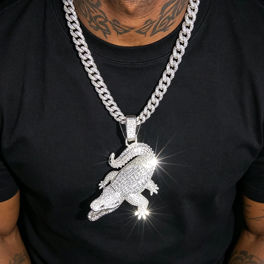 Iced 3D Crocodile Hip Hop Pendant 18K Gold Plated  Micro Pave Cubic Zirconia Alligator Bling Charm Fearless Ambition Dominant Mens Street Jewelry For Rappers Club Hip Hop Fans Full Diamond Necklace Accessories Fine Jewelry Gifts for Men Boy Friends