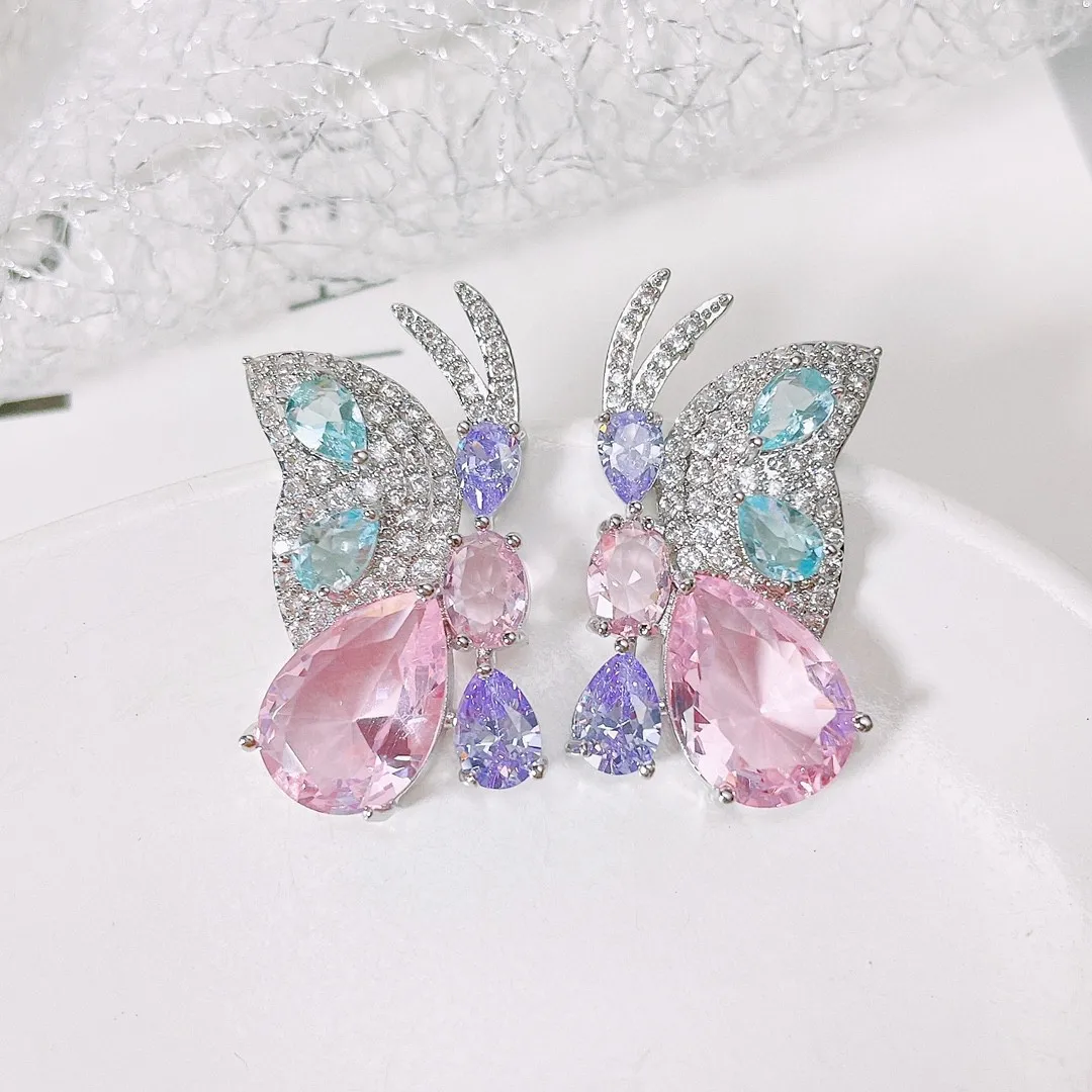 2026 New 925 Sterling Silver Multicolour Zircon Butterfly Earrings Women Grace Personality Banquet Jewelry Valentine's Day Gifts