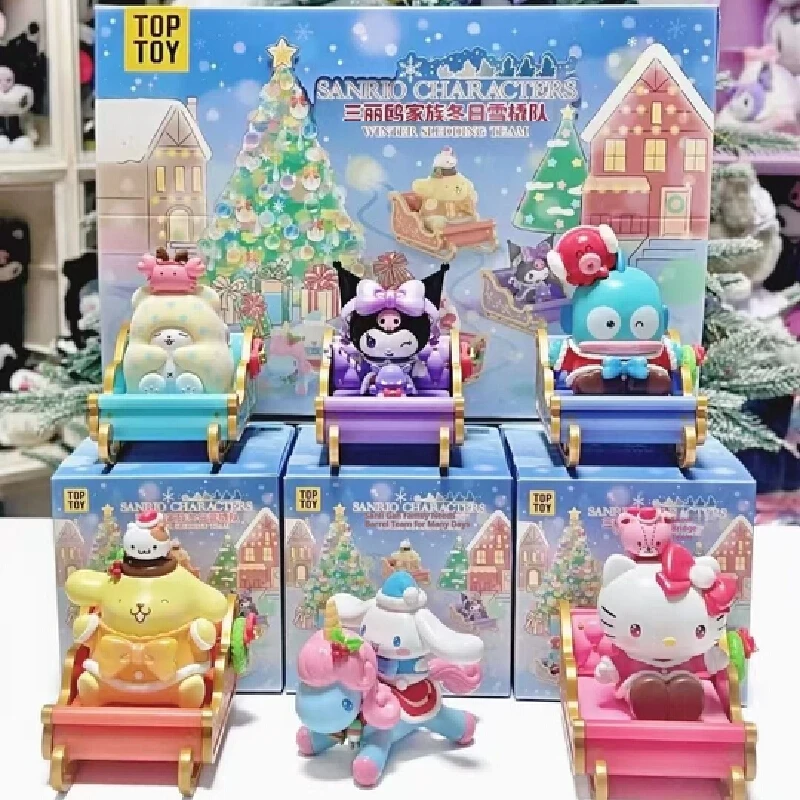 New Sanrio Family Winter Sleigh Team Series Blind Box Toy Anime Figures Hangyodon Melody Kuromi Desktop Ornaments Girls Toy Gift