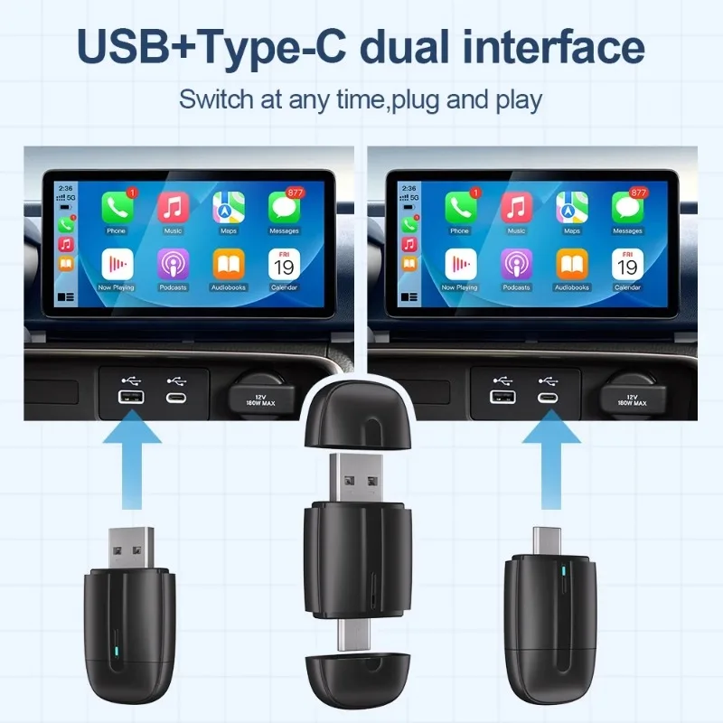 محول CarPlay اللاسلكي 2 في 1 لـ OME سلكي إلى CarPlay اللاسلكي Android التوصيل التلقائي والتشغيل USB Type C Dongle