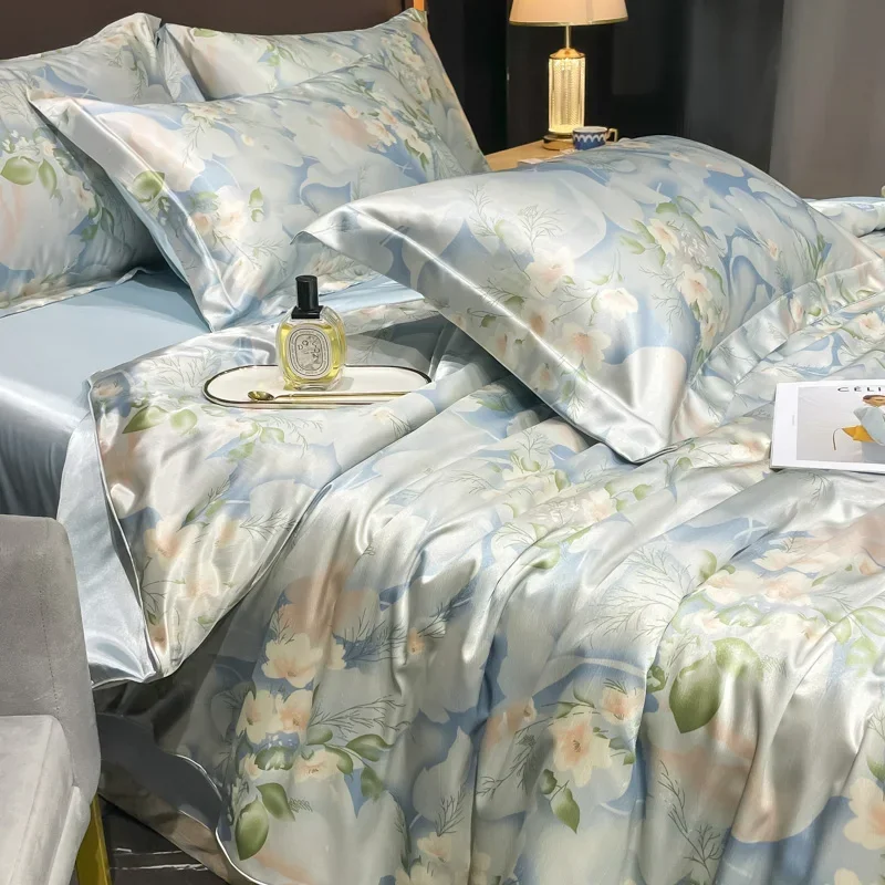 Natural Silk Bedding Set High-End Luxury Soft Silky Quilt Cover Set Single Double King Size Printing Duvet Cover Set