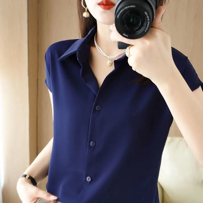 Temperament Sleeveless Blouse Summer New Polo Neck Loose Solid Color All-match Button Shirt Tops Fashion Elegant Women Clothing