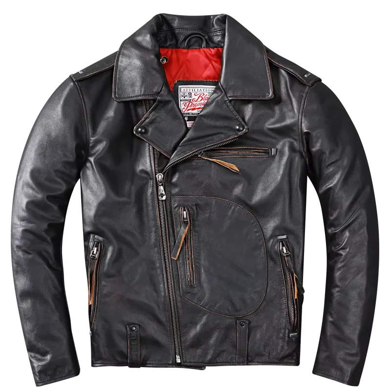 

Black Winter Leather Jacket Men Vintage Style Plus Size 5XL Genuine Thick Natural Cowhide Warm Diagonal Zipper Leather Coat