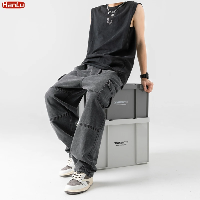 Hanglu-レトロな色あせたパンツ,ワイドレッグ,ルーズフィット,ポケット,ヒップホップ,ストリート,デニム,日本,2023