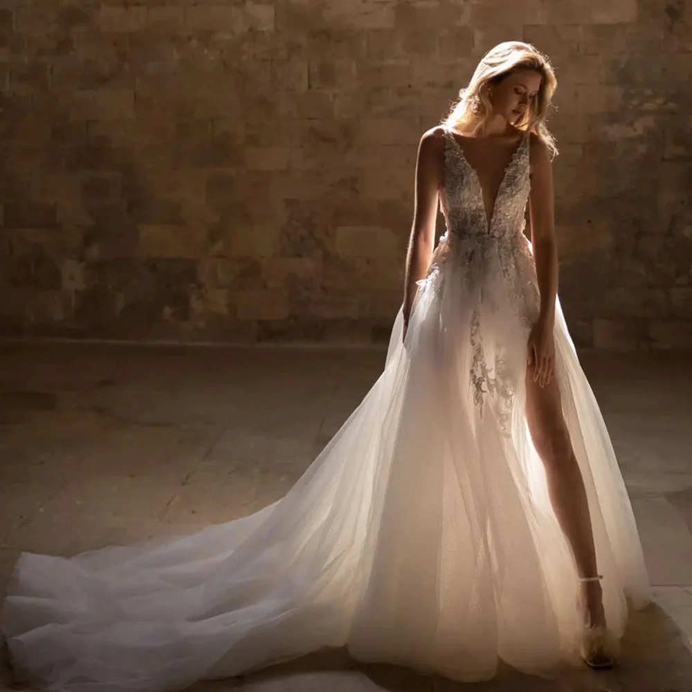 Exquisite V Neck Applique Wedding Dresses For Woman Sleeveless Side Silt Bridal Gowns Soft Tulles 2025 New vestidos de noviaEla
