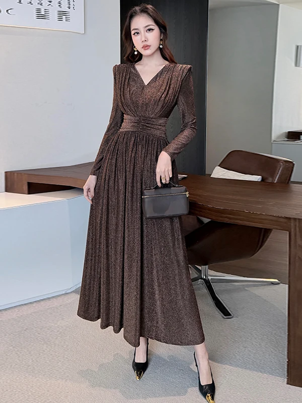 

Slimming Long Sve High Waist Draped Gown Women's Faion Autumn Winter Dr V Ne Ba Zipper Casual Sle Polyester Spa...