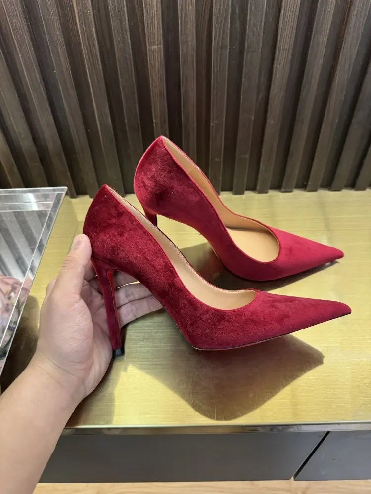 Green velvet high-heeled shoes for women, new winter slim heel 12cm, elegant and not tiring, sexy pointed toe for ladies view 2