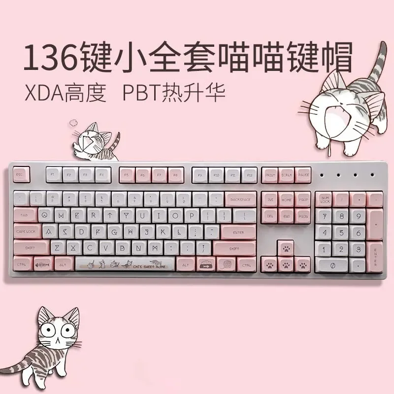 

136 Keys XDA Profile Keycaps PBT DYE-SUB Cute Cat Theme Pink Keycap For Cherry Mx Switch Pro Gaming Mechanical Keyboard keycap