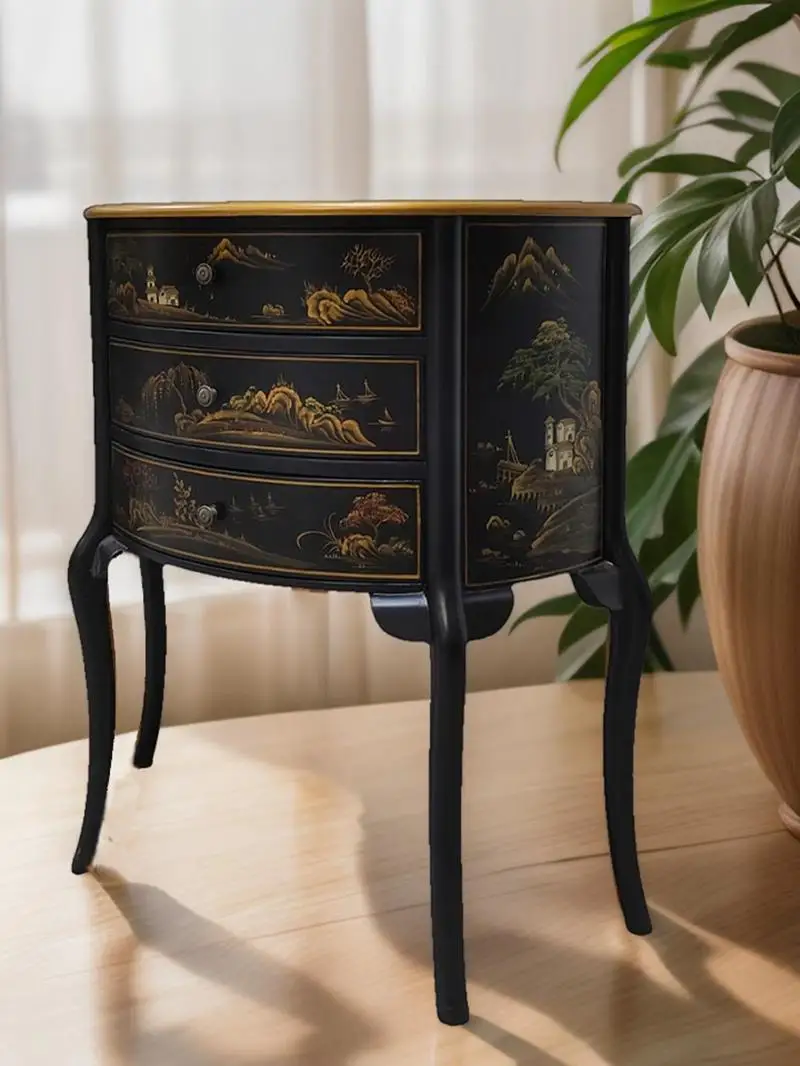 

American rural retro black cabinet painted solid wood against the wall semi-round entrance table