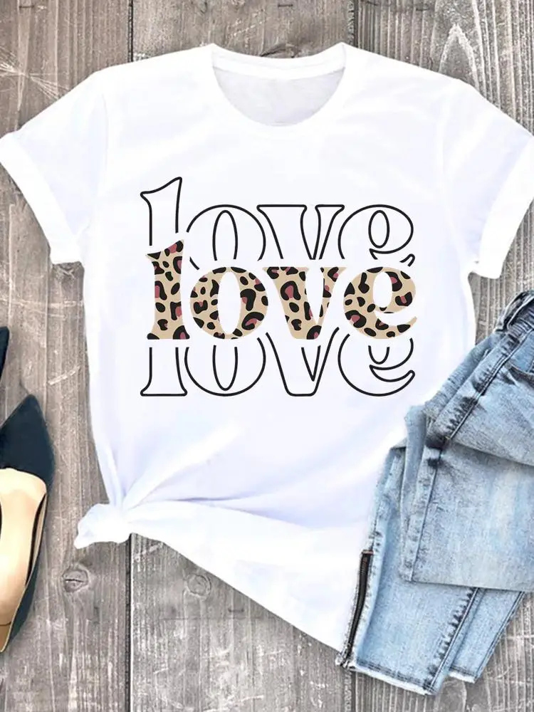 Letnia odzież leopard love heart słodka, modna koszulka damska t-shirty na co dzień z krótkim rękawem regularne kobiece graficzne T Shirt ubrania