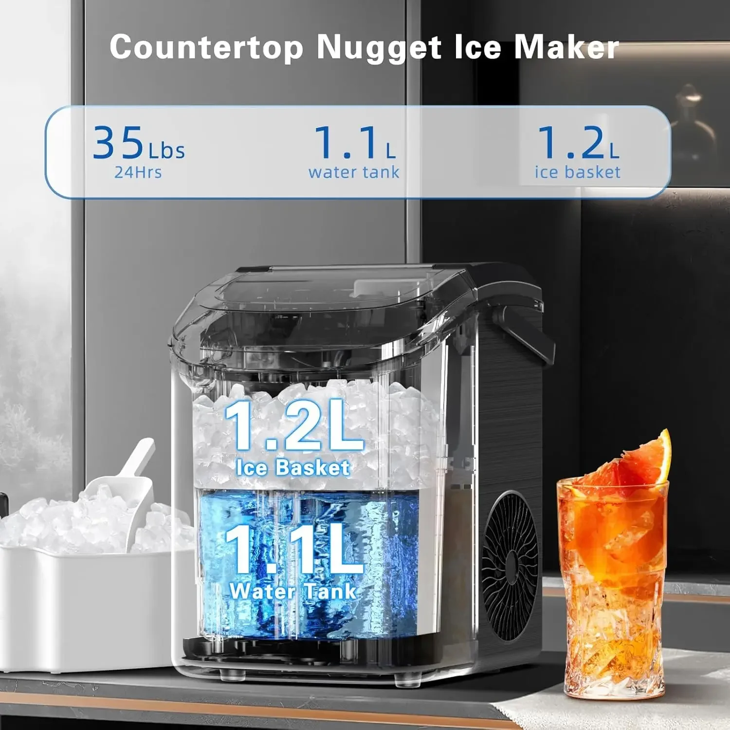 Ice Makers with Soft Pellet Ice, Pebble Ice Maker Machine with Self-Cleaning, 35.5Lbs/24Hrs, One-Clic