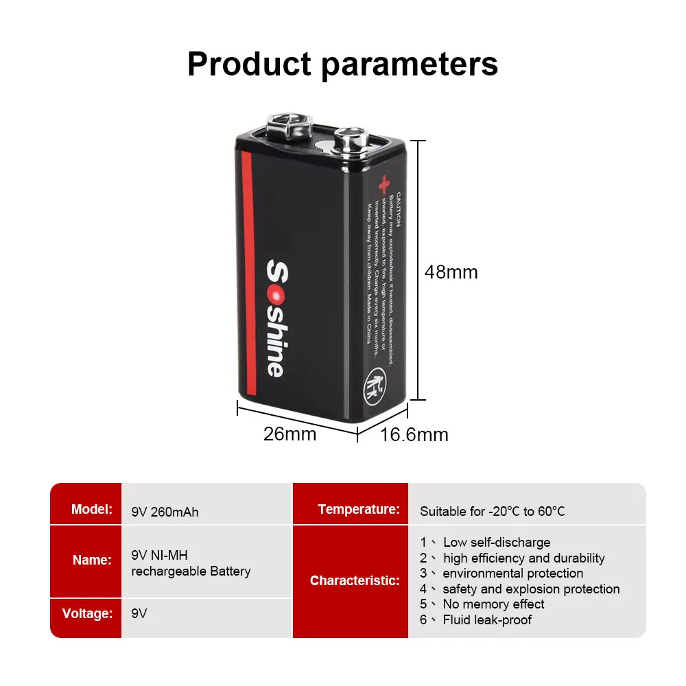 Soshine 9V Ni-MH 260mAh Rechargeable Battery and 2 Slot Smart US EU Charger 6F22 9 Volt Ni-MH Batteries for Microphones Monitori