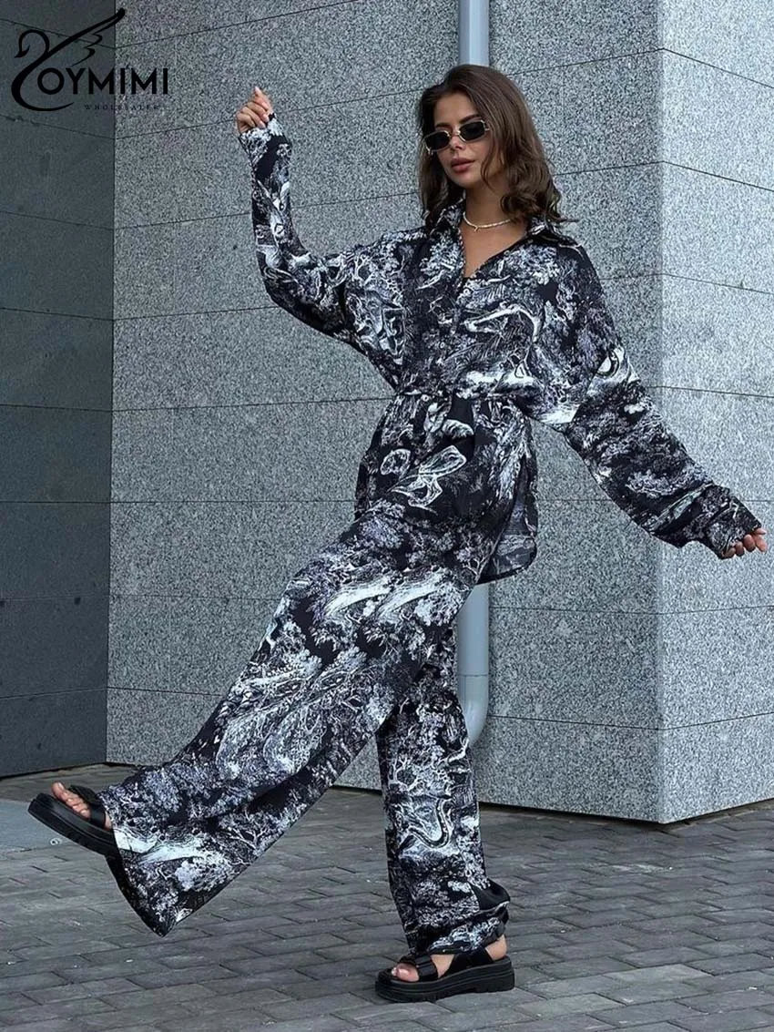 Oymimi Casual Black Print Two Piece Set For Women Elegant Lapel Long Sleeve Button Shirts And Straight Trousers Sets Streetwear