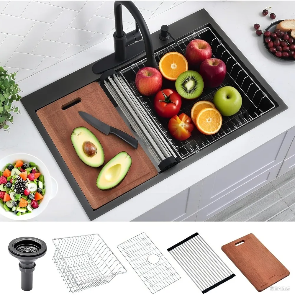 

Kitchen Sink, 33 Inch Workstation Kitchen Sink 16 Gauge Gunmetal Black Stainless Steel Topmount Single Bowl
