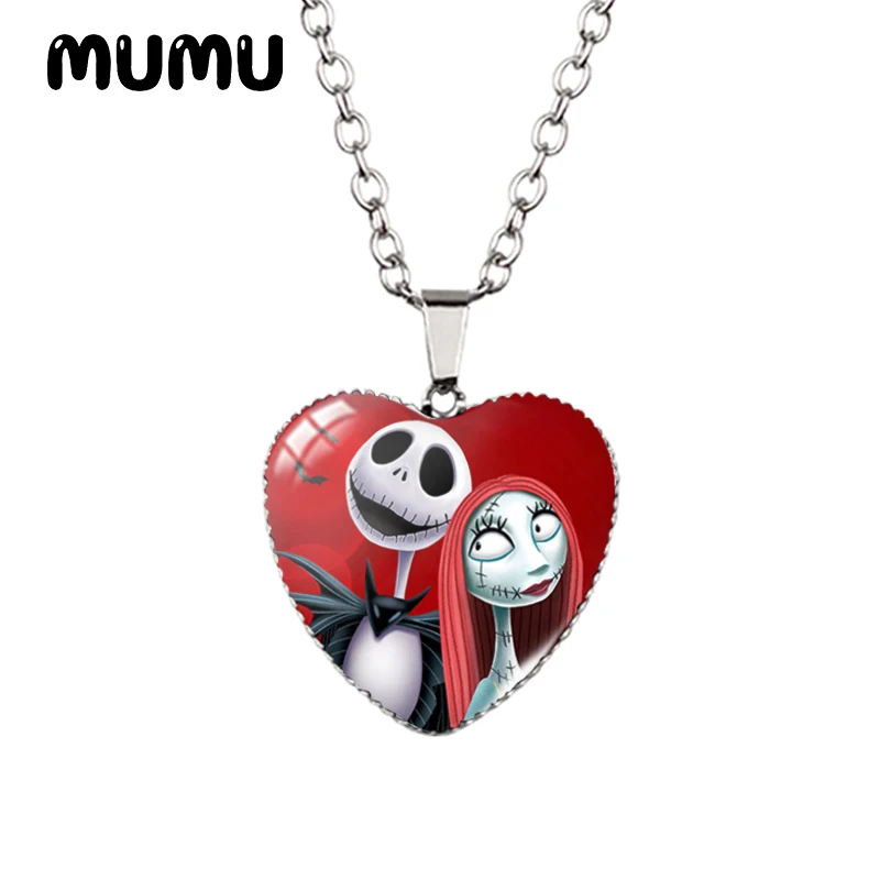 2024 New Nightmare Before Christmas Heart Necklace Jack and Sally Glass Printed Photo Pendant Handmade Jewelry Gifts Children