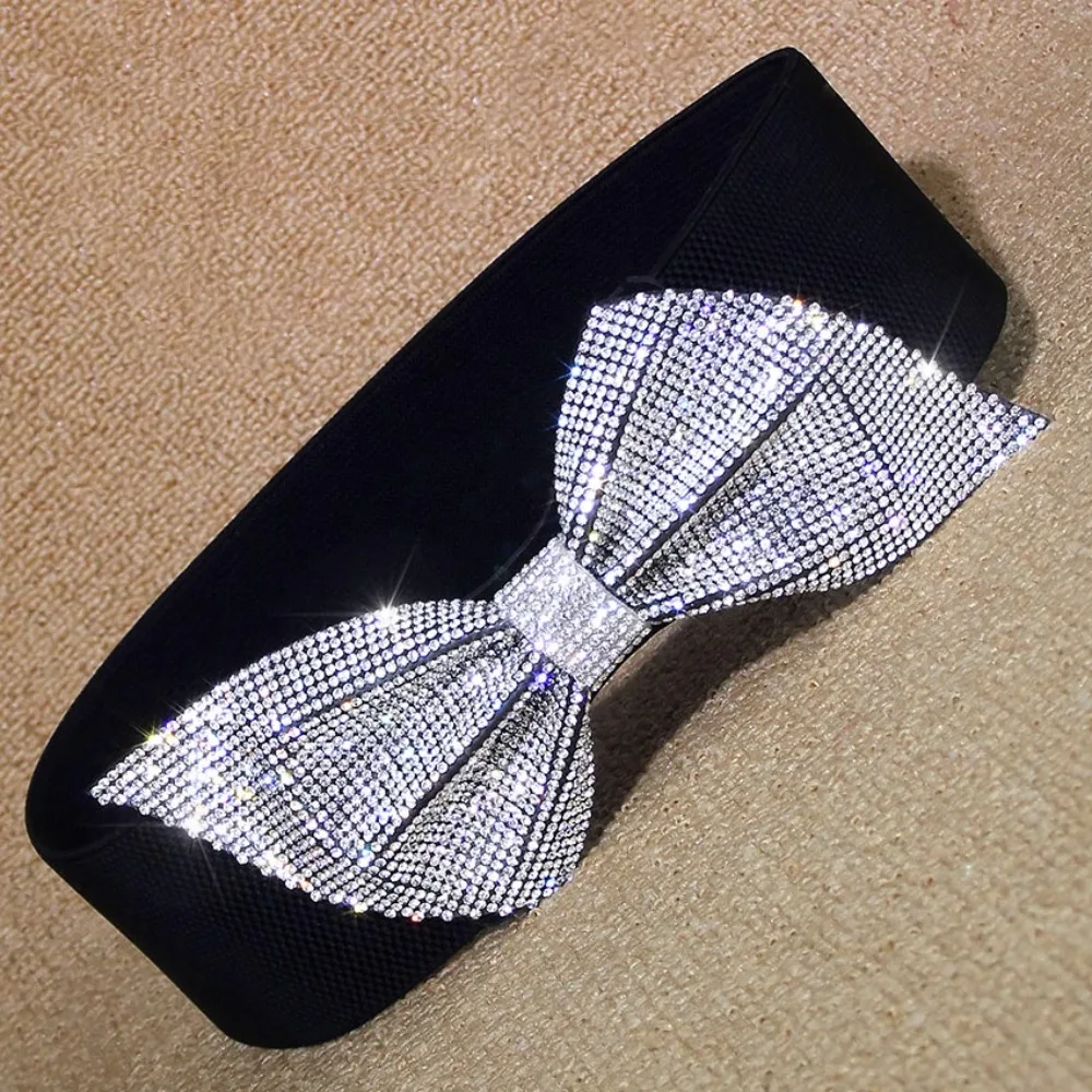

Bling Fashion Women Decorative Dress Belt with Rhinestone Sparkle Elastic Bow Waistband