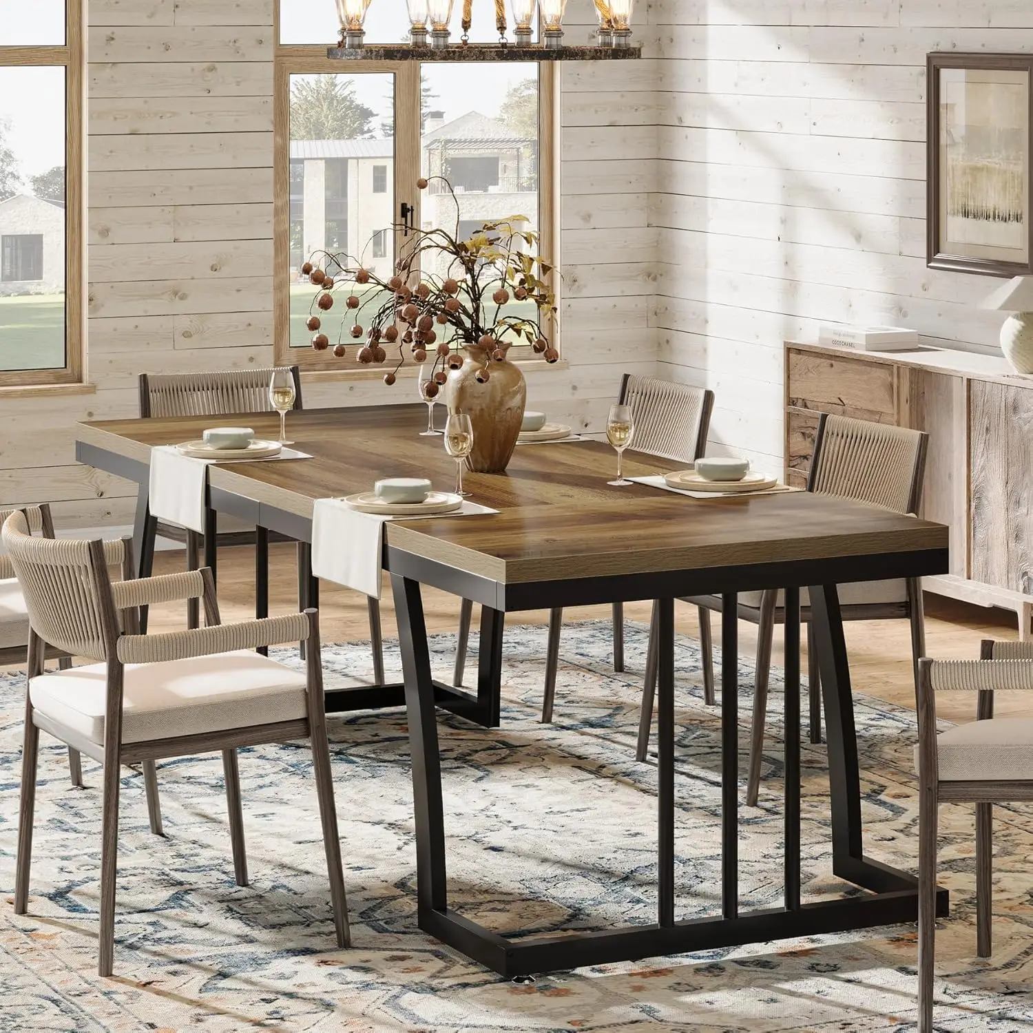 63 Farmhouse Dining Table, Large Kitchen Table for 4-6 People, Rectangular Kitchen & Dining Room Furniture with Thick