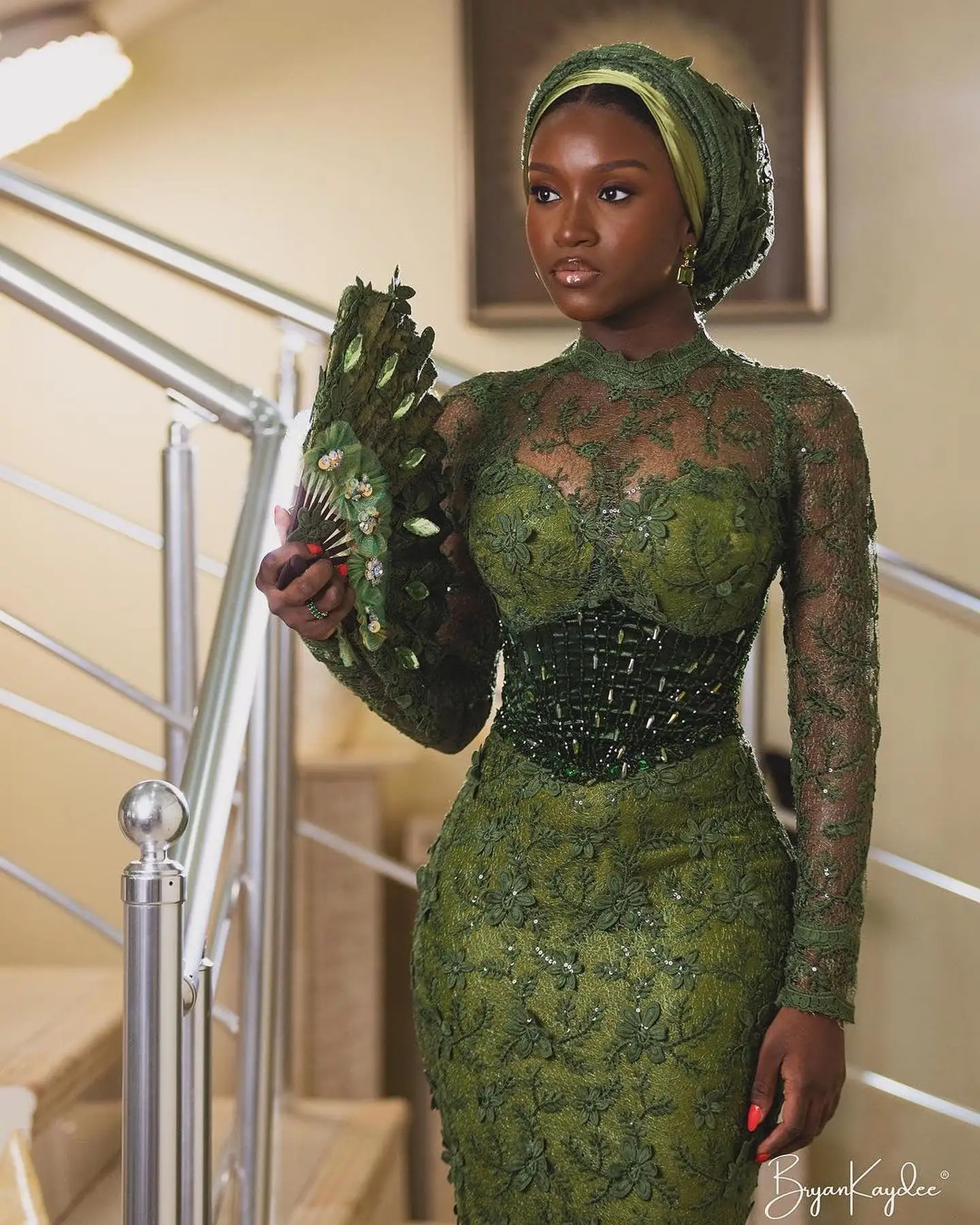 Hunter Green Exquisite Lace Aso Ebi Prom Dresses High Neck Corset African Formal Dress Elegant Nigerian Wedding Party Gown Long