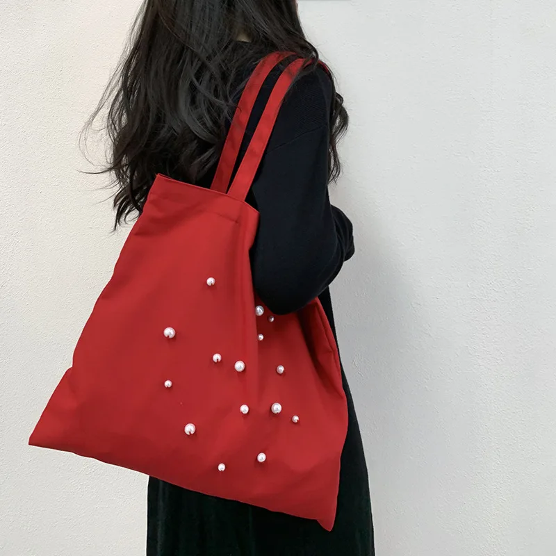 

Милые жемчужные декоративные женские красные холщовые сумки на плечо, простые женские повседневные сумки-тоут ручной работы, портативные женские сумки для покупок