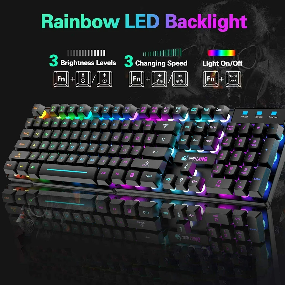 Gaming Mechanical Keyboard  Feel Rainbow LED Backlight USB Keyboard and Mouse Set Ergonomic for PC Laptop Computer Gamer