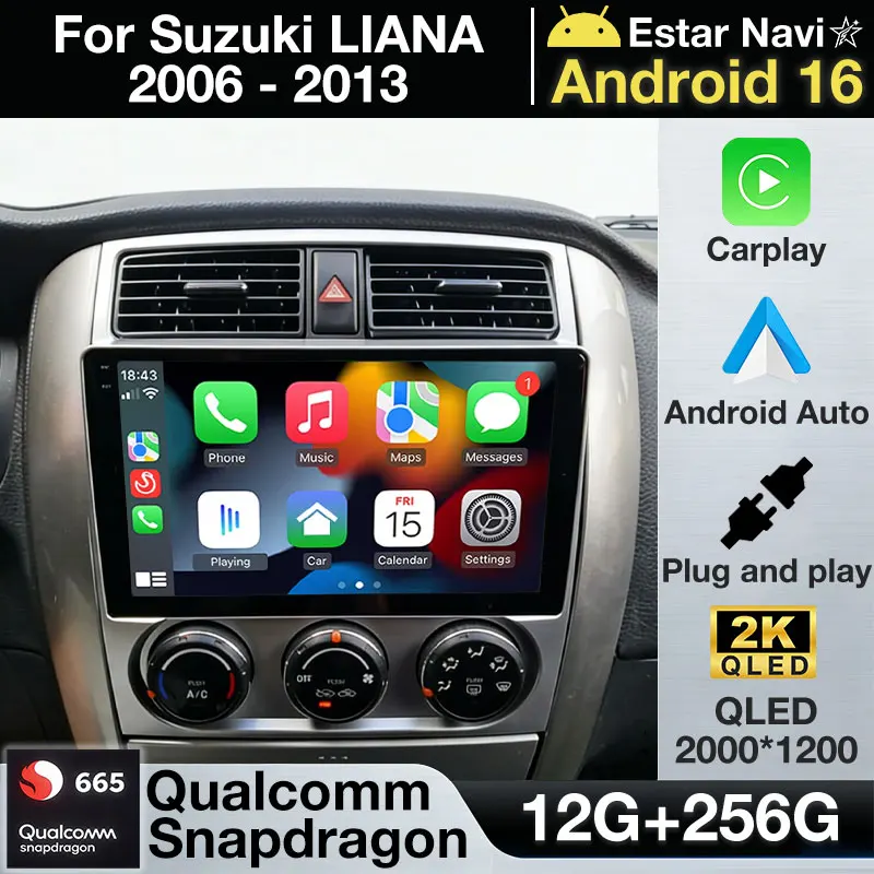 Rádio Automotivo Android 16 Carplay para Suzuki LIANA 2006-2013, Reprodutor de Vídeo Multimídia 2Din, Navegação GPS, Rádio Estéreo, Câmera 360