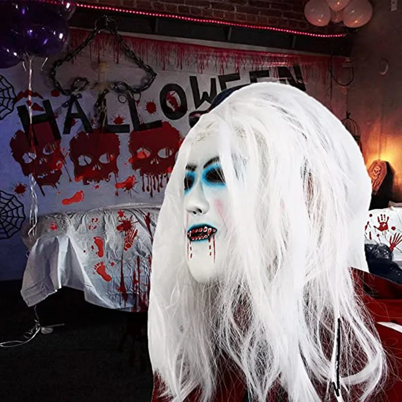 

Horror Demons Latex Mask with Wig, Creepy Cosplay Costume, Party Props, White Hair