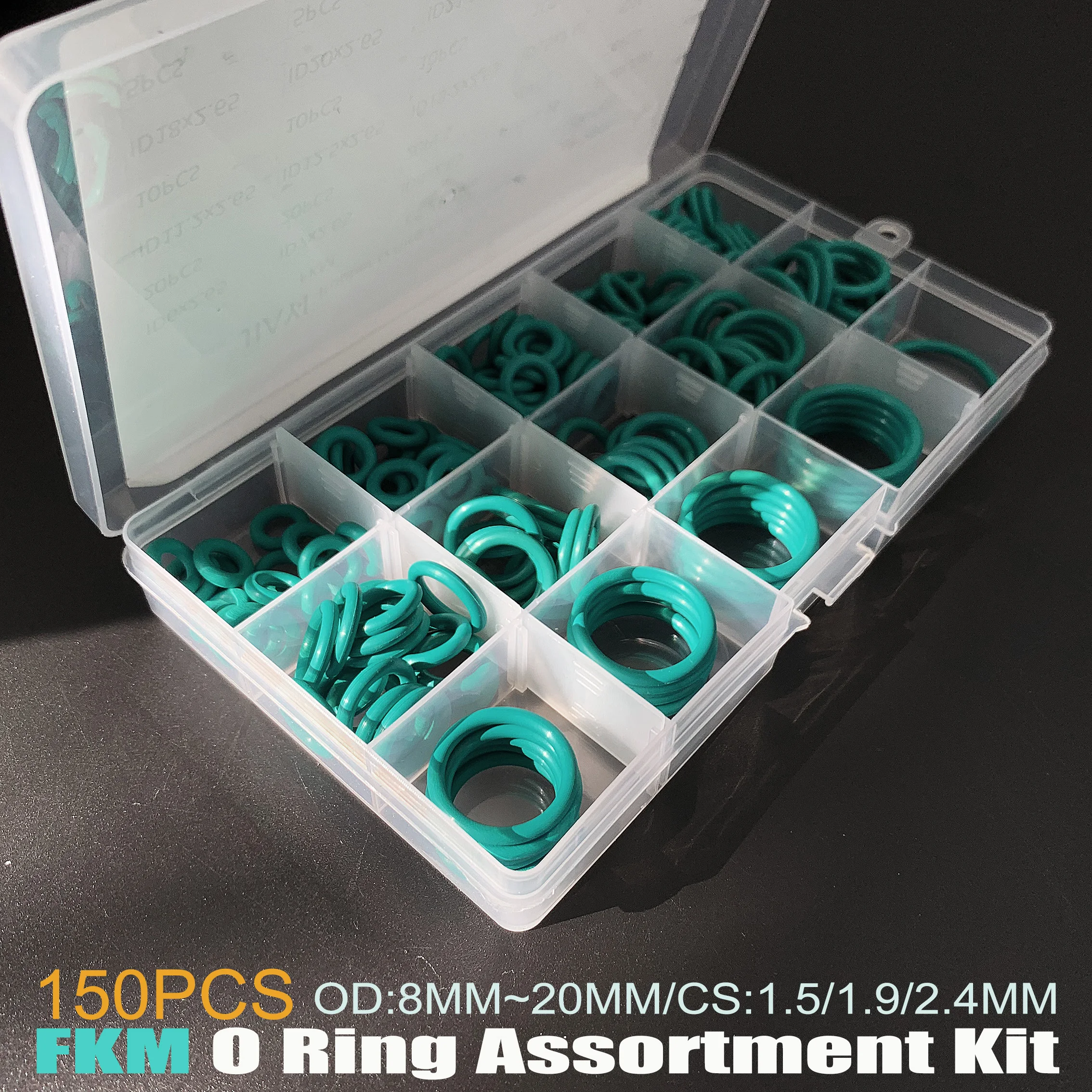 

150Pcs Fluororubber Green O-Ring Assortment Kit OD 8mm-20mm CS 1.5/1.9/2.4mm High Temp Resistant Seals for Industrial/Automotive